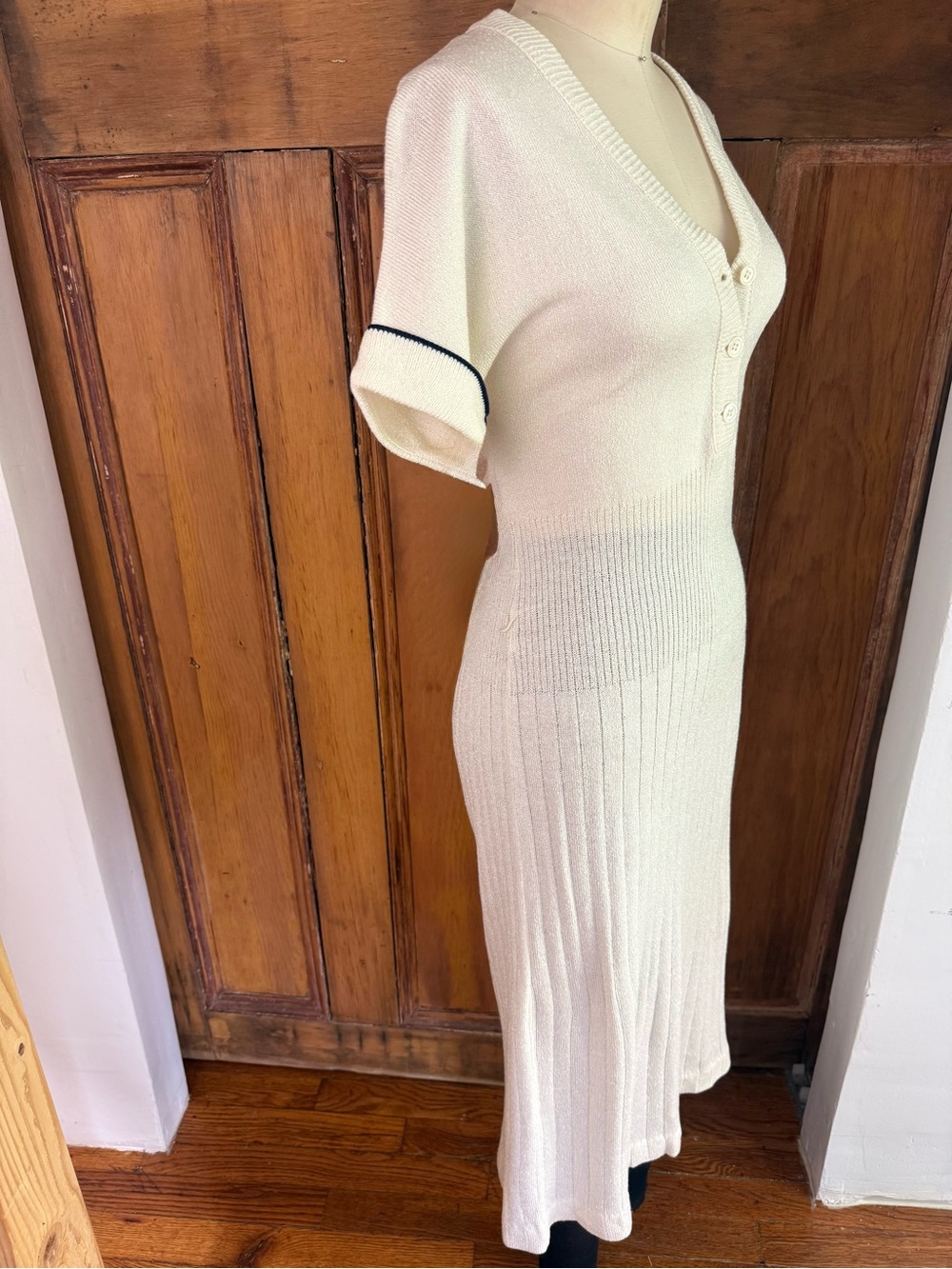 Vintage Ivory Knit Midi Dress | Preppy Ribbed Sweater Dress Soft Minimalist - Picture 2 of 8
